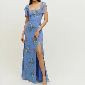 Reformation Westerly Maxi Bow Tie-Shoulder Strap Slit Gown Blue Floral Arles 4